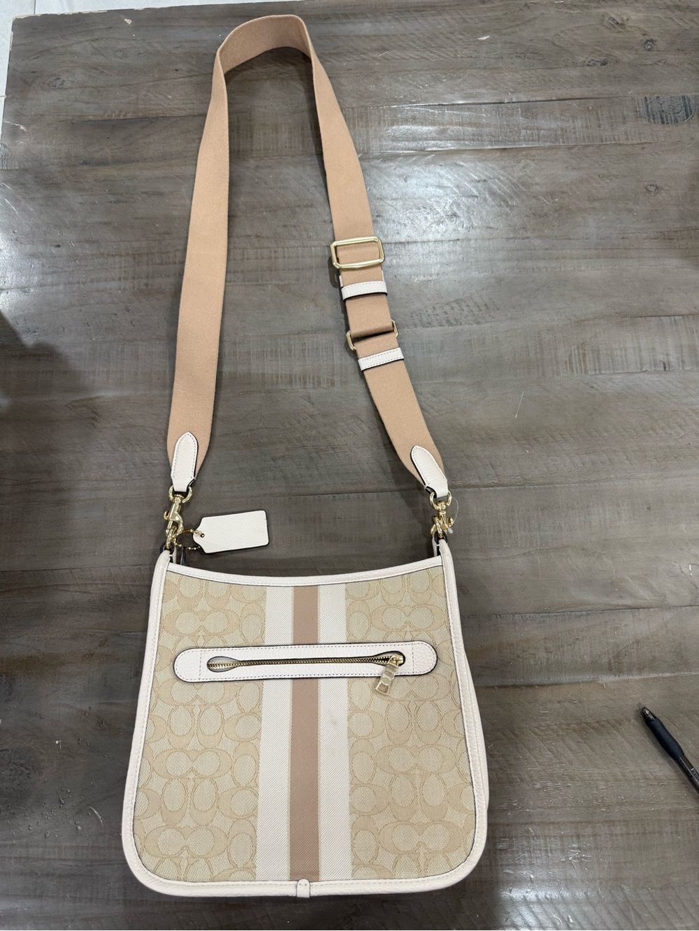 Coach Beige Signature Crossbody with White Trim and Center Stripe - Picture 5 of 9